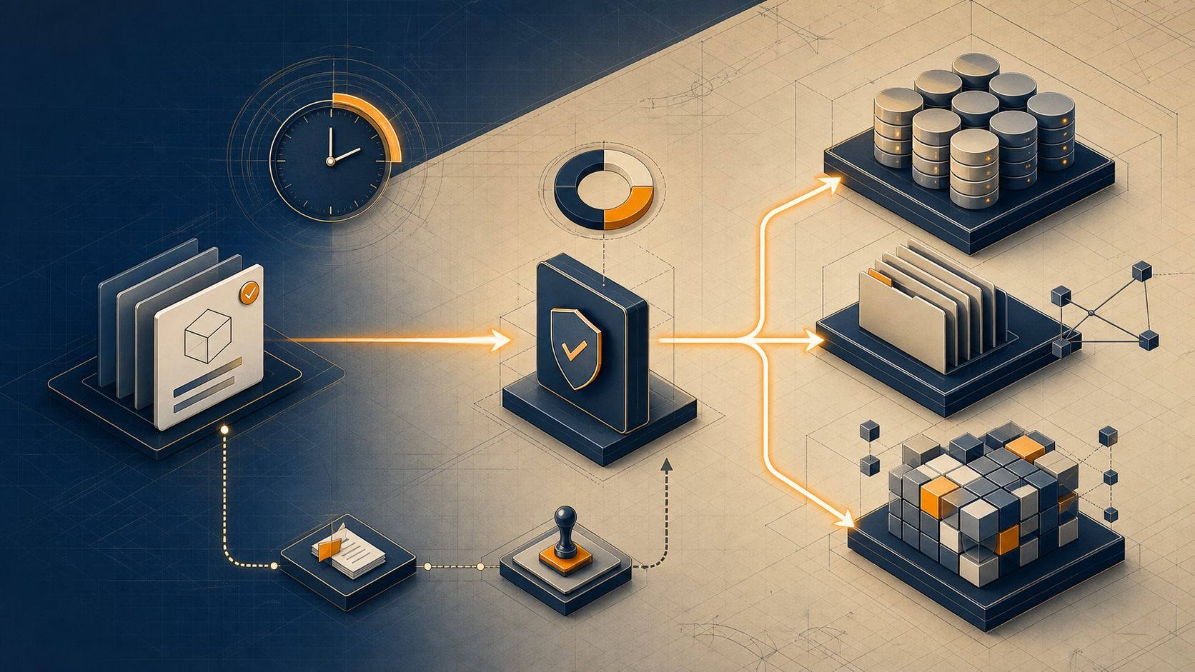 Policy-governed workflow connecting a storage request to block, file, and object storage